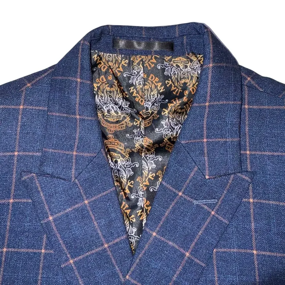Slatl & Dean Luxury Men's Navy‎ Blue Windowpane Double Breasted Blazer Jacket